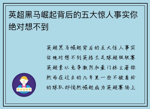 英超黑马崛起背后的五大惊人事实你绝对想不到
