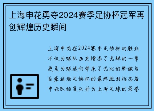 上海申花勇夺2024赛季足协杯冠军再创辉煌历史瞬间