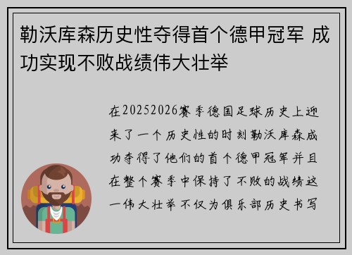 勒沃库森历史性夺得首个德甲冠军 成功实现不败战绩伟大壮举