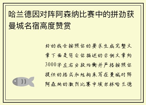 哈兰德因对阵阿森纳比赛中的拼劲获曼城名宿高度赞赏
