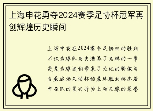 上海申花勇夺2024赛季足协杯冠军再创辉煌历史瞬间 上海申花勇夺2024赛季足协杯冠军再创辉煌历史瞬间