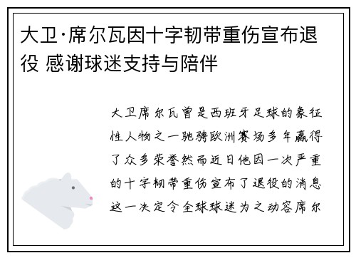 大卫·席尔瓦因十字韧带重伤宣布退役 感谢球迷支持与陪伴